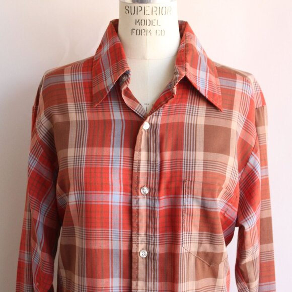 Vintage 1970s Shirt, Viking Dagger Collar Orange Plaid Tratan Button Down Blouse - Picture 3 of 10